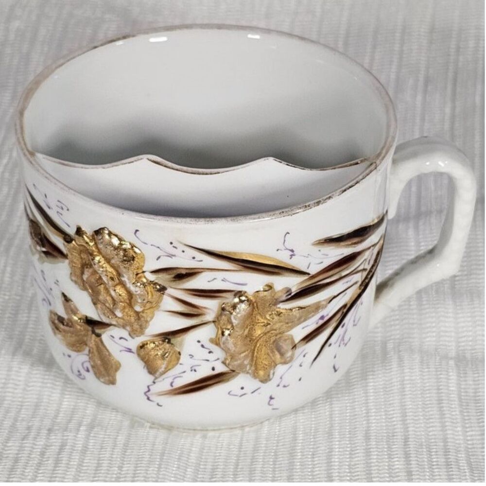 Victorian Style Mustache Cup with 3D Gold Floral Design - White & Gold Antique